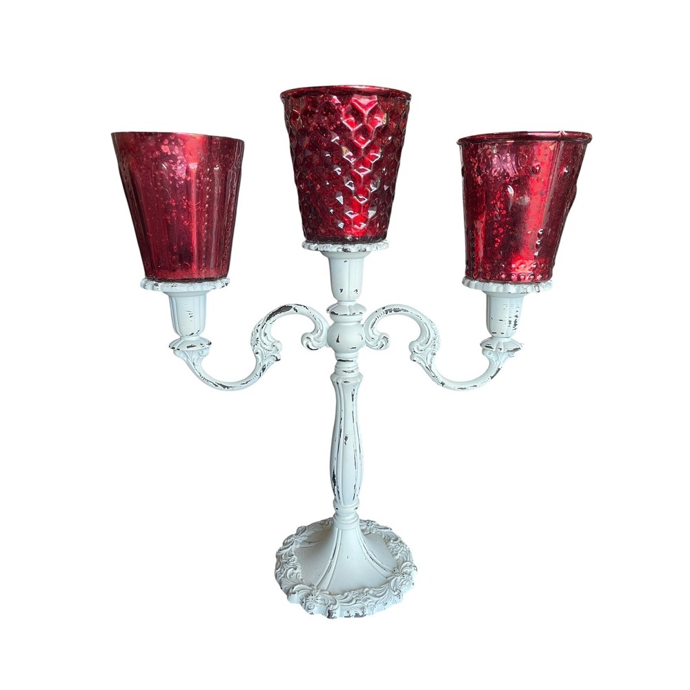 Candelabra Candle Holder White Distressed Metal‎ Red Glass 3 Arm Home Decor Goth